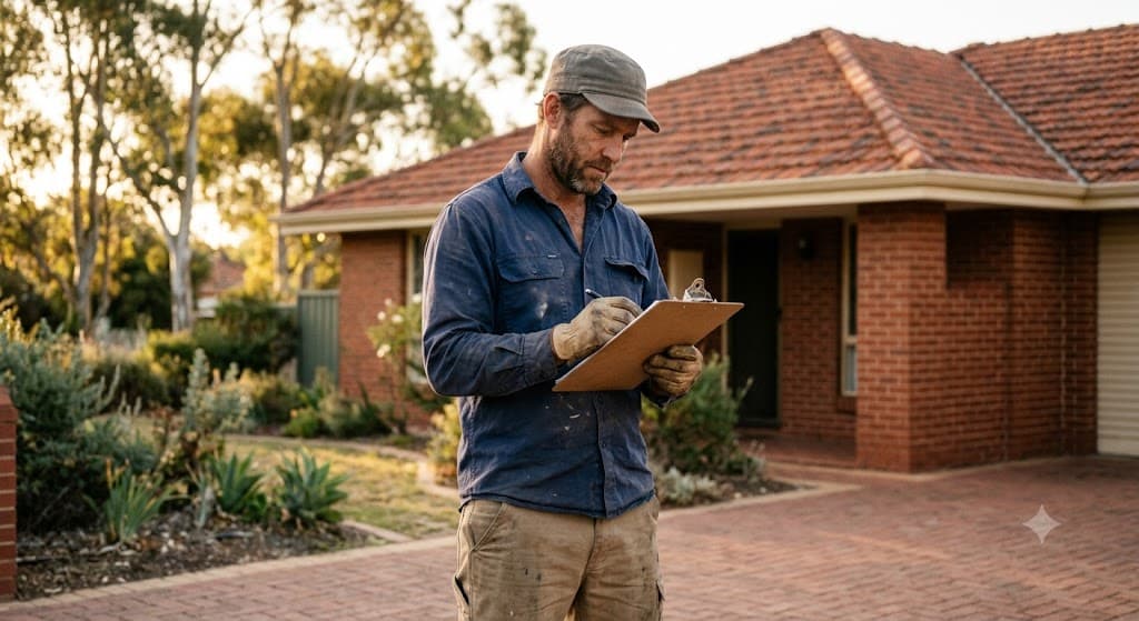 Licensed, insured roofer in Bundaberg reviewing a checklist in front of a suburban roof home