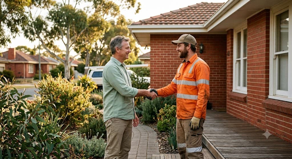 Roofer matching service in Bundaberg — homeowner and vetted local roofer shaking hands on a front porch