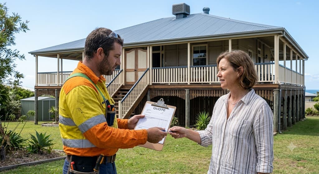 Homeowner reviewing a written roofing quote before signing