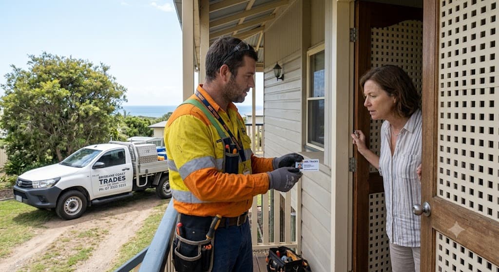 Homeowner checking a tradesperson's identification and licence before agreeing to work