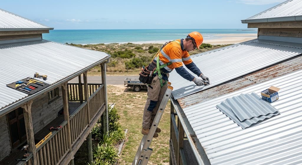 Roof repair cost in Bundaberg — tradesperson repairing cracked roof tiles
